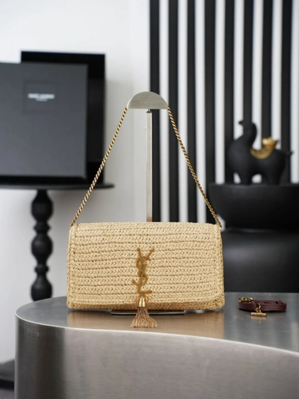 Saint Laurent Beige Raffia Tassel Shoulder Bag with Gold Chain